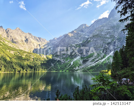 Scenic High Tatra mountains with a small forest lake beneath rugged rocky summits. Natural wilderness landscape between Poland and Slovakia. 142513147