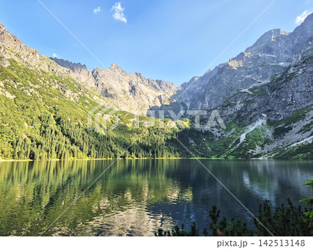 Small alpine lake surrounded by evergreen-covered slopes and dramatic rocky peaks in the High Tatras. Peaceful mountain scenery from the Poland-Slovakia border region. Small alpine lake surrounded by evergreen-covered slopes and dramatic rocky peaks in the High Tatras. Peaceful mountain scenery from the Poland-Slovakia border region. 142513148