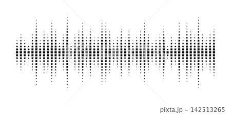 Sound wave pattern with halftone dots creating audio frequency visualization. Music equalizer design with rhythmic pulse elements on white background. 142513265