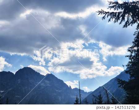 A mountain landscape in the High Tatras with patches of coniferous forest covering the slopes. Scenic alpine scenery in southern Poland. A mountain landscape in the High Tatras with patches of coniferous forest covering the slopes. Scenic alpine scenery in southern Poland. 142513276