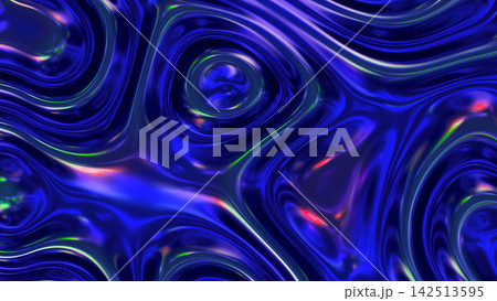 Abstract glossy liquid surface with iridescent blue and purple swirls and reflective ripples, with abstract, glossy, liquid, surface detail, showing iridescent, blue, purple, swirl context 142513595
