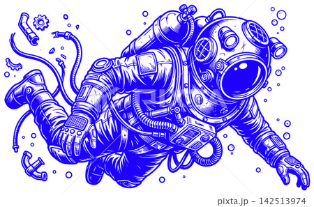 Detailed line art illustration of a deep sea diver swimming amidst floating mechanical gear and bubbles Detailed line art illustration of a deep sea diver swimming amidst floating mechanical gear and bubbles 142513974