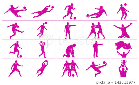 Dynamic soccer player silhouettes performing various game actions in a sharp minimal vector graphic set Dynamic soccer player silhouettes performing various game actions in a sharp minimal vector graphic set 142513977