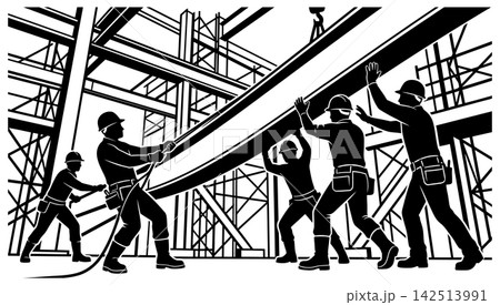 Group of construction workers lifting a heavy steel beam on a building site in silhouette Group of construction workers lifting a heavy steel beam on a building site in silhouette 142513991