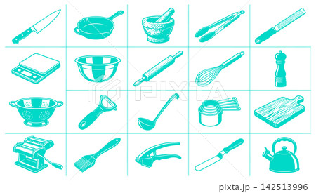 Kitchen utensil icon set featuring cooking tools and preparation equipment for culinary tasks and baking Kitchen utensil icon set featuring cooking tools and preparation equipment for culinary tasks and baking 142513996