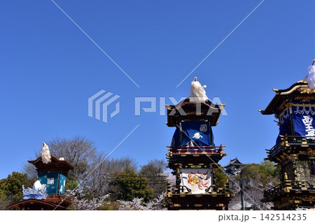 愛知県の犬山祭り 犬山城の天守閣と犬山城前広場に集まる車山と満開の桜 からくり人形の奉納前の光景 愛知県の犬山祭り 犬山城の天守閣と犬山城前広場に集まる車山と満開の桜 からくり人形の奉納前の光景 142514235