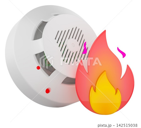 Smoke detector with flame symbol, fire alarm and safety concept. 3D rendering Smoke detector with flame symbol, fire alarm and safety concept. 3D rendering 142515038