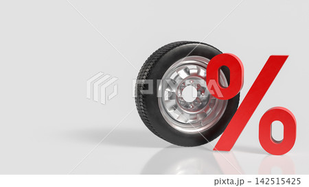 Car Tire with Red Percentage Symbol for Automotive Sale Promotions 3d render. Car Tire with Red Percentage Symbol for Automotive Sale Promotions 3d render. 142515425