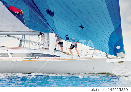 yachtsman assembles a light thin sail spinnaker during sailing regatta in the Gulf of Finland at sunny day, life jacket, board of the sailing boat, teamwork, reflections yachtsman assembles a light thin sail spinnaker during sailing regatta in the Gulf of Finland at sunny day, life jacket, board of the sailing boat, teamwork, reflections 142515880