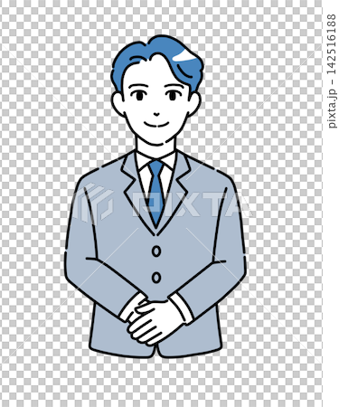 Illustration of a man in a suit bowing with his hands clasped - Blue 1 Illustration of a man in a suit bowing with his hands clasped - Blue 1 142516188