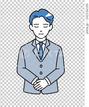Illustration of a man in a suit bowing with his hands clasped - Blue 2 Illustration of a man in a suit bowing with his hands clasped - Blue 2 142516189