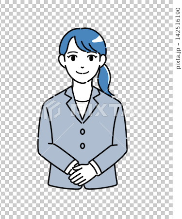 Illustration of a woman in a suit bowing with her hands clasped - Blue 1 Illustration of a woman in a suit bowing with her hands clasped - Blue 1 142516190