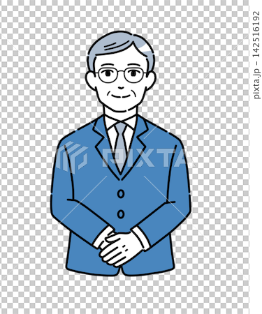 Illustration of a senior man in a suit bowing with his hands clasped - Blue 1 Illustration of a senior man in a suit bowing with his hands clasped - Blue 1 142516192