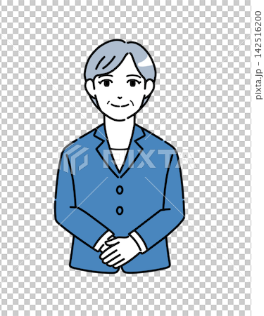 Illustration of a senior woman in a suit bowing with her hands clasped - Blue 1 Illustration of a senior woman in a suit bowing with her hands clasped - Blue 1 142516200