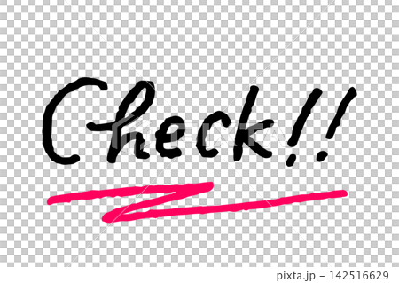 手寫的“Check!!”字樣和粉紅色下劃線強調了確認、正確答案、批准和OK的流行和隨意的信息。 手寫的“Check!!”字樣和粉紅色下劃線強調了確認、正確答案、批准和OK的流行和隨意的信息。 142516629