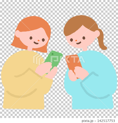 スマートフォンを一緒に見る女性2人のイラスト 142517753