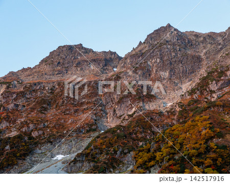 9月下旬の朝日に赤く染まる奥穂高岳の荒々しい岩肌と険しい山頂のモルゲンロート 9月下旬の朝日に赤く染まる奥穂高岳の荒々しい岩肌と険しい山頂のモルゲンロート 142517916