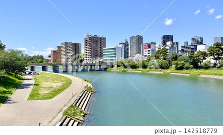 五月晴れの青空と新緑に彩られた乙川沿いの街並み〈桜城橋より/愛知県岡崎市〉 142518779