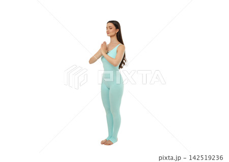Woman in standing yoga pose with hands together, PNG 142519236