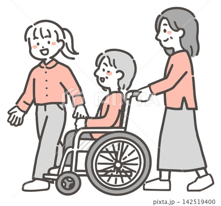 車いすに乗る高齢者女性と、娘と孫（2色） 142519400