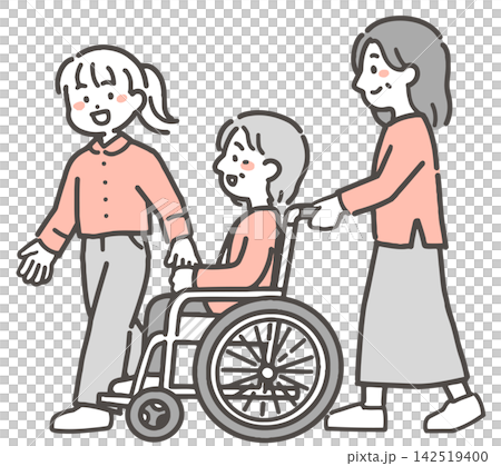 車いすに乗る高齢者女性と、娘と孫（2色） 142519400