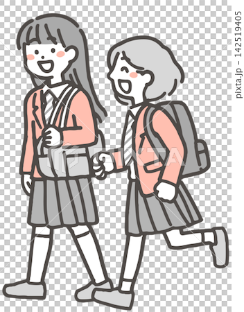 Two female students (middle school and high school) in two-tone winter uniforms walk and chat. Two female students (middle school and high school) in two-tone winter uniforms walk and chat. 142519405