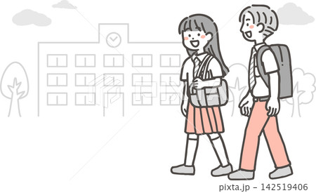 学校の前をおしゃべりして歩く、2色の夏制服の男女学生2人(中学生・高校生) 学校の前をおしゃべりして歩く、2色の夏制服の男女学生2人(中学生・高校生) 142519406