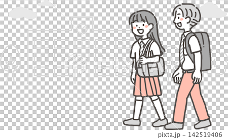 学校の前をおしゃべりして歩く、2色の夏制服の男女学生2人(中学生・高校生) 学校の前をおしゃべりして歩く、2色の夏制服の男女学生2人(中学生・高校生) 142519406