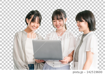 Elementary and junior high school girls in casual clothes happily looking at a computer with their friends Elementary and junior high school girls in casual clothes happily looking at a computer with their friends 142519600