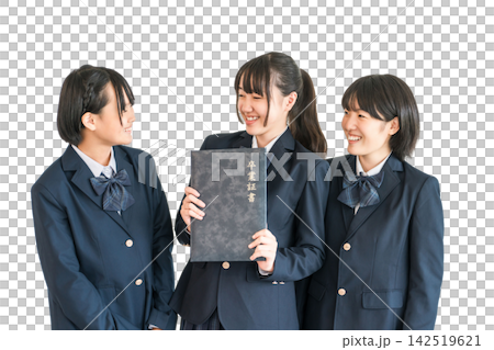 卒業証書を持つ制服,ブレザー姿の小学生,中学生の女の子 142519621
