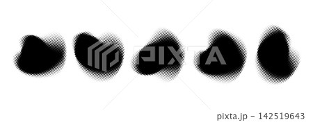 Black halftone organic shape set. Grainy abstract blurry liquid blob collection. Dotted defocused edges noise figure pack. Diffuse fading gradient shadow form bundle. Bold textured spots. Vector 142519643