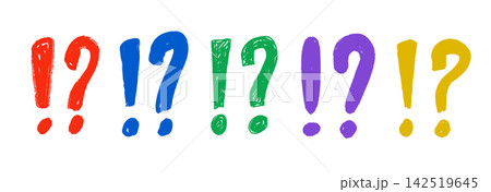 Hand drawn exclamation points and question marks set. Colored crayon doodle punctuation symbol collection. Rough brush stroke sketched important warning sign pack. Vector charcoal note design elements 142519645