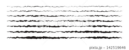 Black thin torn paper pieces set. Long horizontal ripped paper strips with jagged edges. Rough grunge textured stripe elements collection for poster, divider, header. Vector shredded sheet line bundle Black thin torn paper pieces set. Long horizontal ripped paper strips with jagged edges. Rough grunge textured stripe elements collection for poster, divider, header. Vector shredded sheet line bundle 142519646