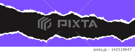 Bright purple torn paper banner background. Horizontal jagged edge frame. Ripped paper strip border for divider, letterhead, header, footer, collage, banner, sticker, poster. Vector tear uneven pieces 142519647