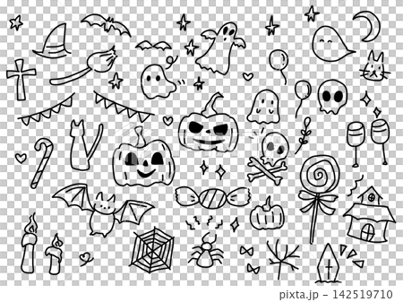 Halloween hand-drawn illustrations: cute pumpkins, ghosts, and bats, line art set, vector. Halloween hand-drawn illustrations: cute pumpkins, ghosts, and bats, line art set, vector. 142519710