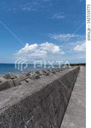 快晴の空と消波ブロックのある水平線のはっきりした防波堤の海岸 142519773