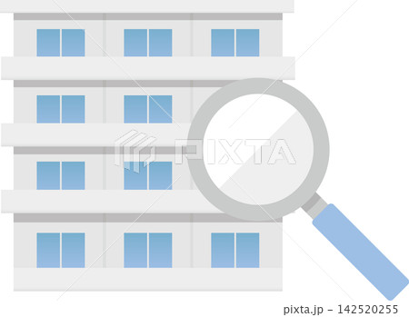 マンションと虫眼鏡のイラスト素材（物件探し・不動産・検索・調査・査定・内見・賃貸・ベクター） 142520255