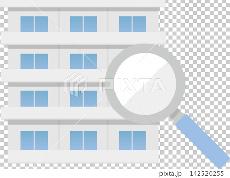 マンションと虫眼鏡のイラスト素材（物件探し・不動産・検索・調査・査定・内見・賃貸・ベクター） 142520255