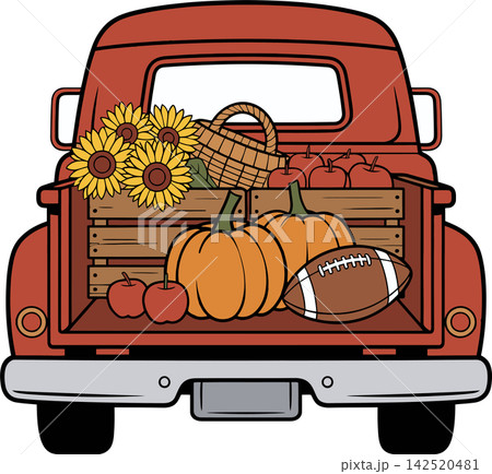 Vintage Pickup Truck with Autumn Harvest Pumpkins Illustration Vintage Pickup Truck with Autumn Harvest Pumpkins Illustration 142520481
