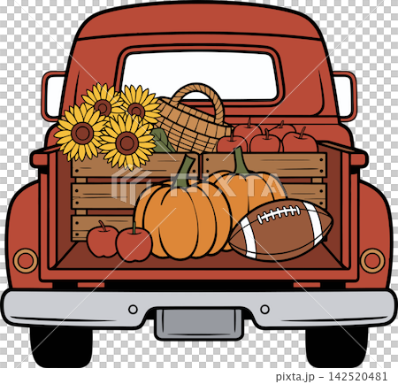 Vintage Pickup Truck with Autumn Harvest Pumpkins Illustration Vintage Pickup Truck with Autumn Harvest Pumpkins Illustration 142520481