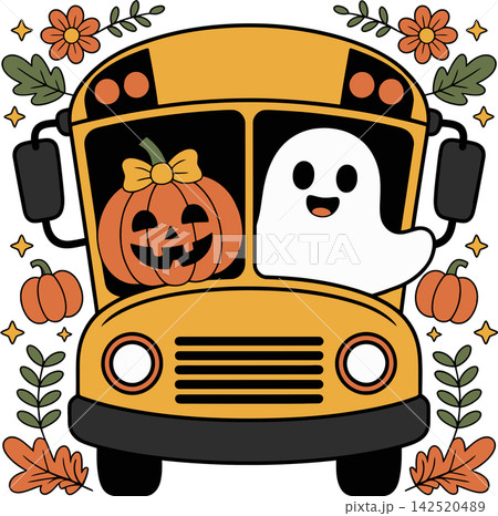 Cute Halloween School Bus with Pumpkin and Ghost Illustration Cute Halloween School Bus with Pumpkin and Ghost Illustration 142520489