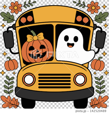 Cute Halloween School Bus with Pumpkin and Ghost Illustration Cute Halloween School Bus with Pumpkin and Ghost Illustration 142520489