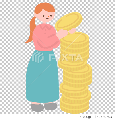 An illustration of a woman stacking money/coins. An illustration of a woman stacking money/coins. 142520703