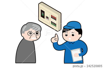 分電盤の前でお客さんに説明する検査員のアイソメトリックイラスト 分電盤の前でお客さんに説明する検査員のアイソメトリックイラスト 142520805