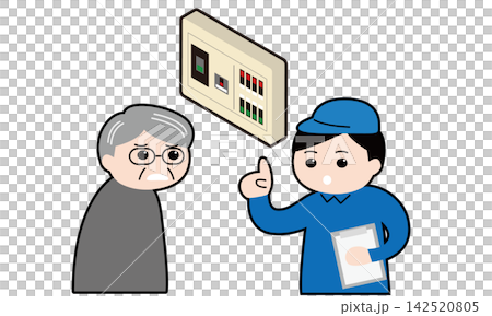 分電盤の前でお客さんに説明する検査員のアイソメトリックイラスト 分電盤の前でお客さんに説明する検査員のアイソメトリックイラスト 142520805
