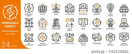 renewable energy outline icon set,24 vector icons 142520882