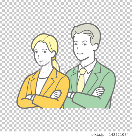 圖中描繪了一位男性和一位女性商務人士面帶微笑、雙臂交叉的上半身。 圖中描繪了一位男性和一位女性商務人士面帶微笑、雙臂交叉的上半身。 142521084