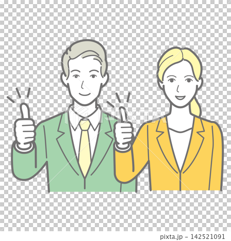 圖中描繪了一位男性和一位女性商務人士豎起大拇指的上半身。 142521091
