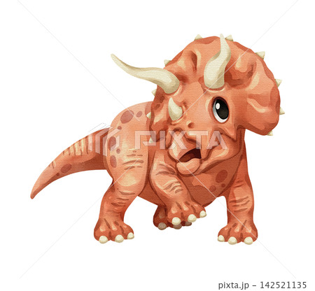 Watercolor triceratops dinosaur isolated PNG illustration, featuring a cute hand-drawn orange horned prehistoric creature cartoon character on a transparent background for digital design and crafting. 142521135