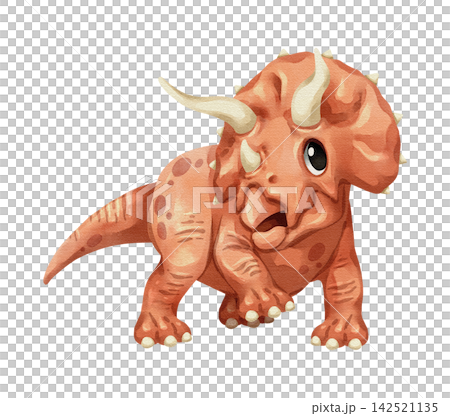 Watercolor triceratops dinosaur isolated PNG illustration, featuring a cute hand-drawn orange horned prehistoric creature cartoon character on a transparent background for digital design and crafting. 142521135